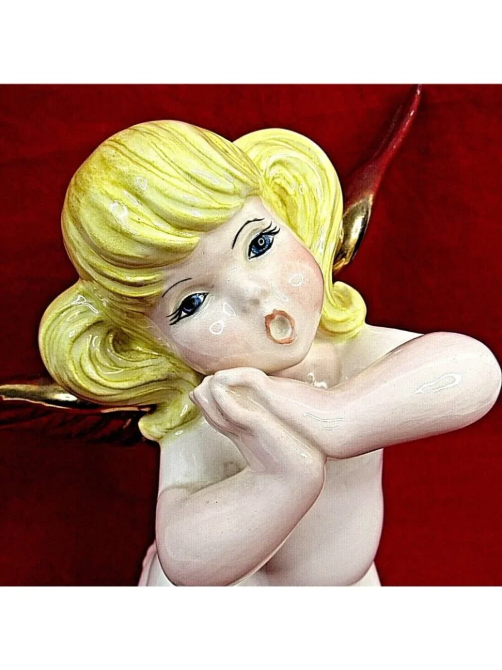 Atlantic Mold Praying Angel Figurine 1982 Gold Wings Hand Painted 8 Inches Tall